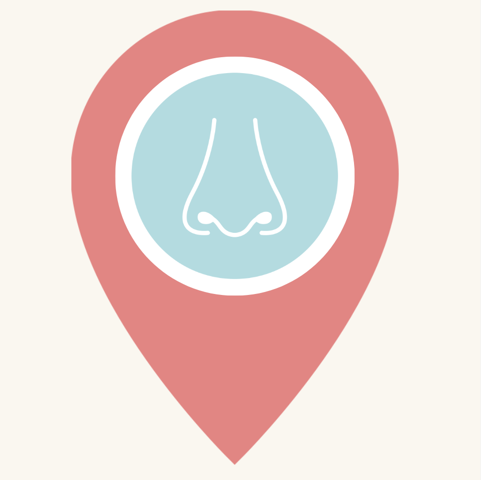 Icon of a nose smell representing sound sensitivity awareness inside a blue and red location pin.